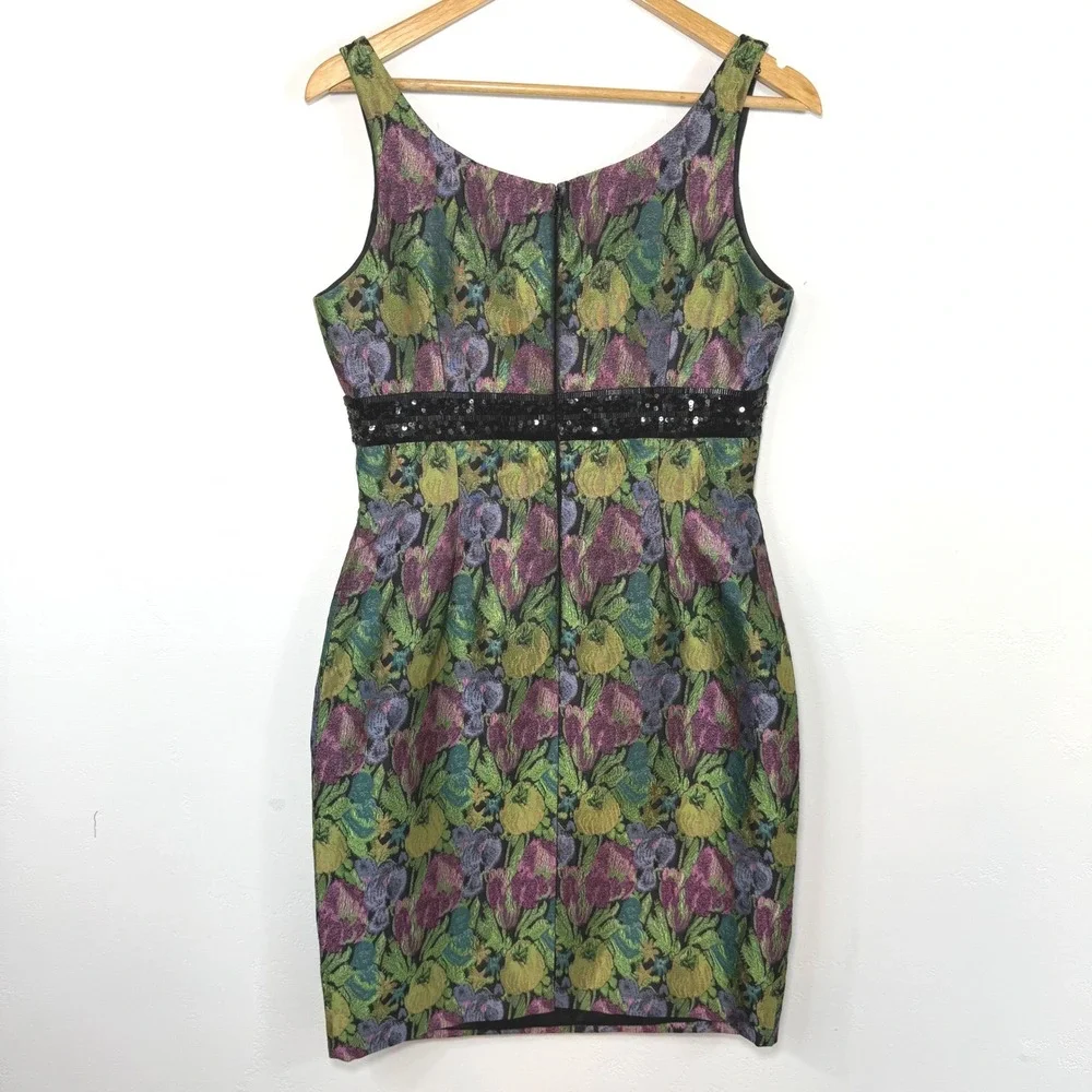 Carmen Marc‎ Valvo Floral Brocade Cocktail Dress Sleeveless Sheath Sequin Glam 8